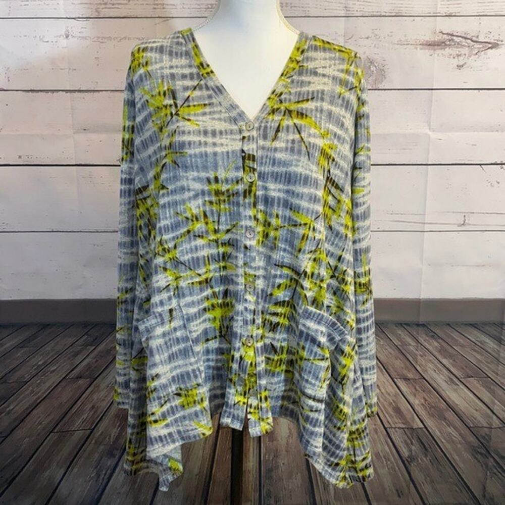 Logo Lori Goldstein Shirt Top Womens Large Green Blue Button Stretch‎ Leaf Boxy